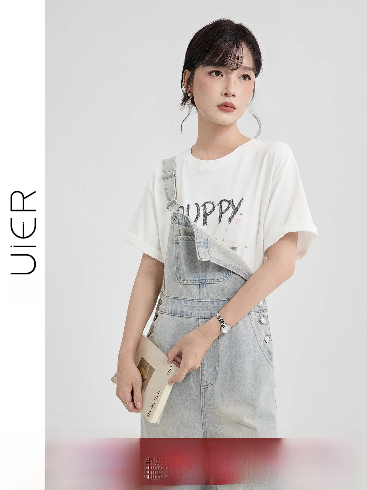 

Guier Retro Denim Overalls Women's Loose Wide Leg Straight Pants Summer Ageless Versatile High Waist Buckle Pure Color