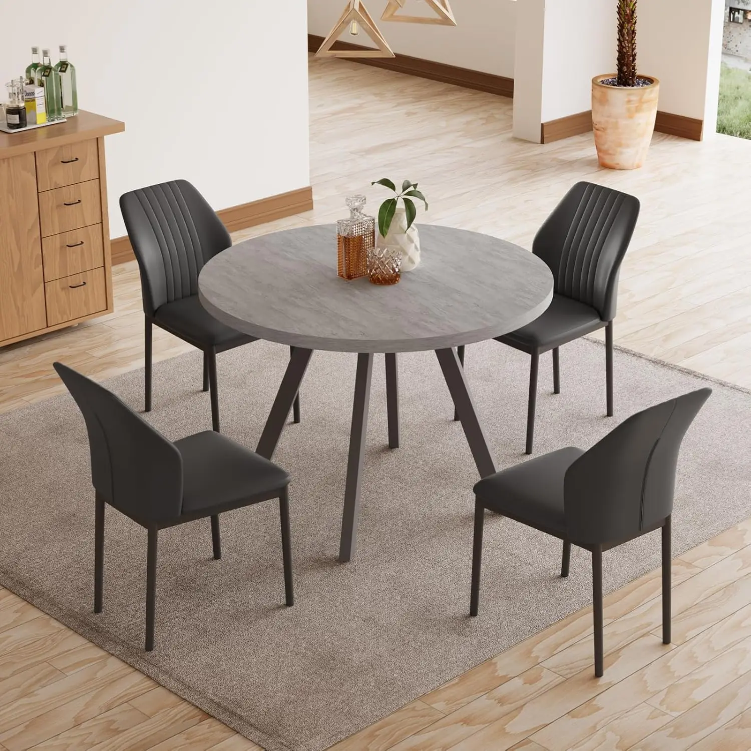 Round Dining Table Set For 4, Modern Casual Coffee Table Set For Kitchen, Living Room, Apartment, Space Saving (Dining Table +