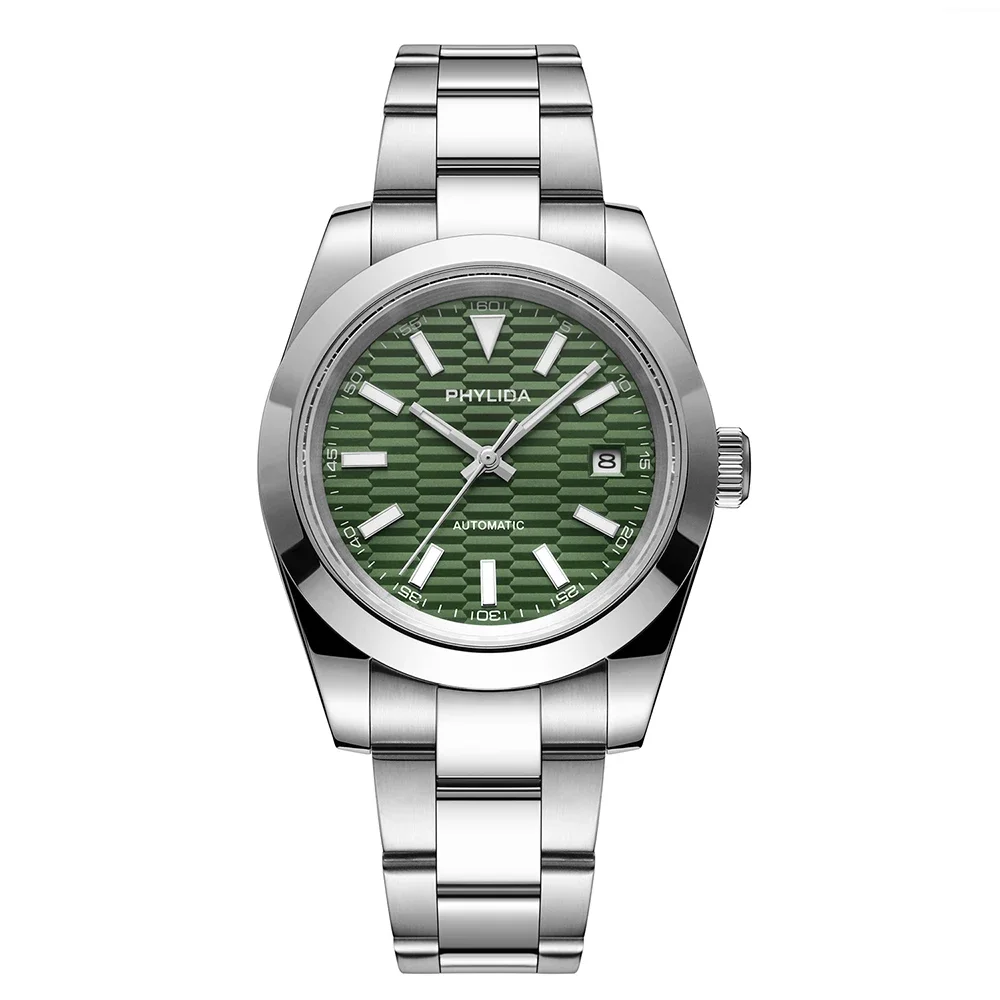 PHYLIDA 39mm Three-Hand with Date New Green Dial Mens Watch 100M WR Miyota Mechanical Automatic Movement