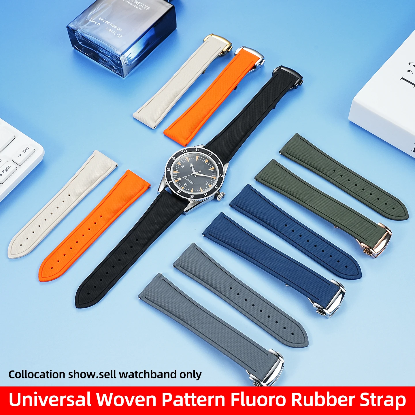 Tali FKM Pola Tenun Universal 20/21/22Mm untuk Omega Breitling Mido Gelang Pengganti Tali Jam Tangan Karet Fluoro Rilis Cepat