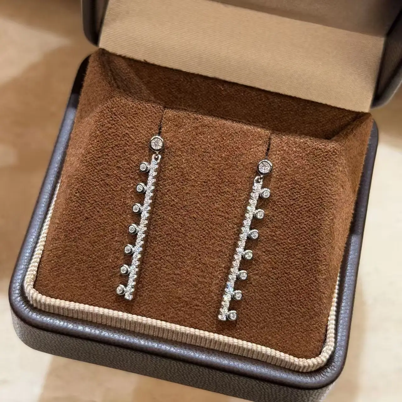 Trendy 925 Sterling Silver Dangle Earrings For Women Linear Bar Round Bezel Fringe Clear Accent Stones Luxury Fine Jewelry