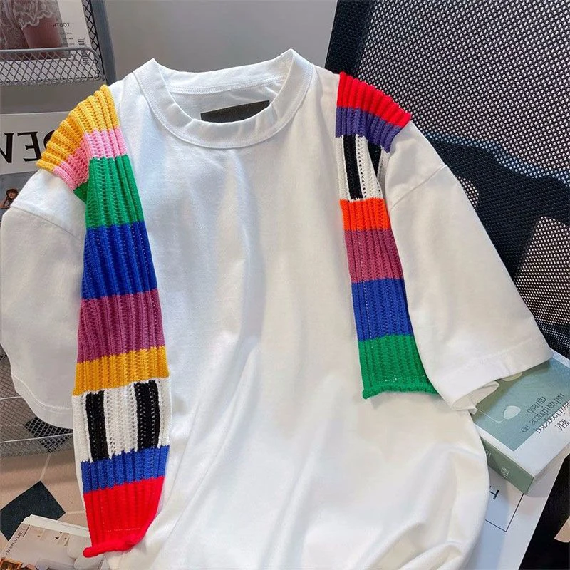 Colorful Striped Spliced Shawl Men Short Sleeve O Neck Sweatshirts Fashion Simple All-match Oversized Couple Clothing Tops White