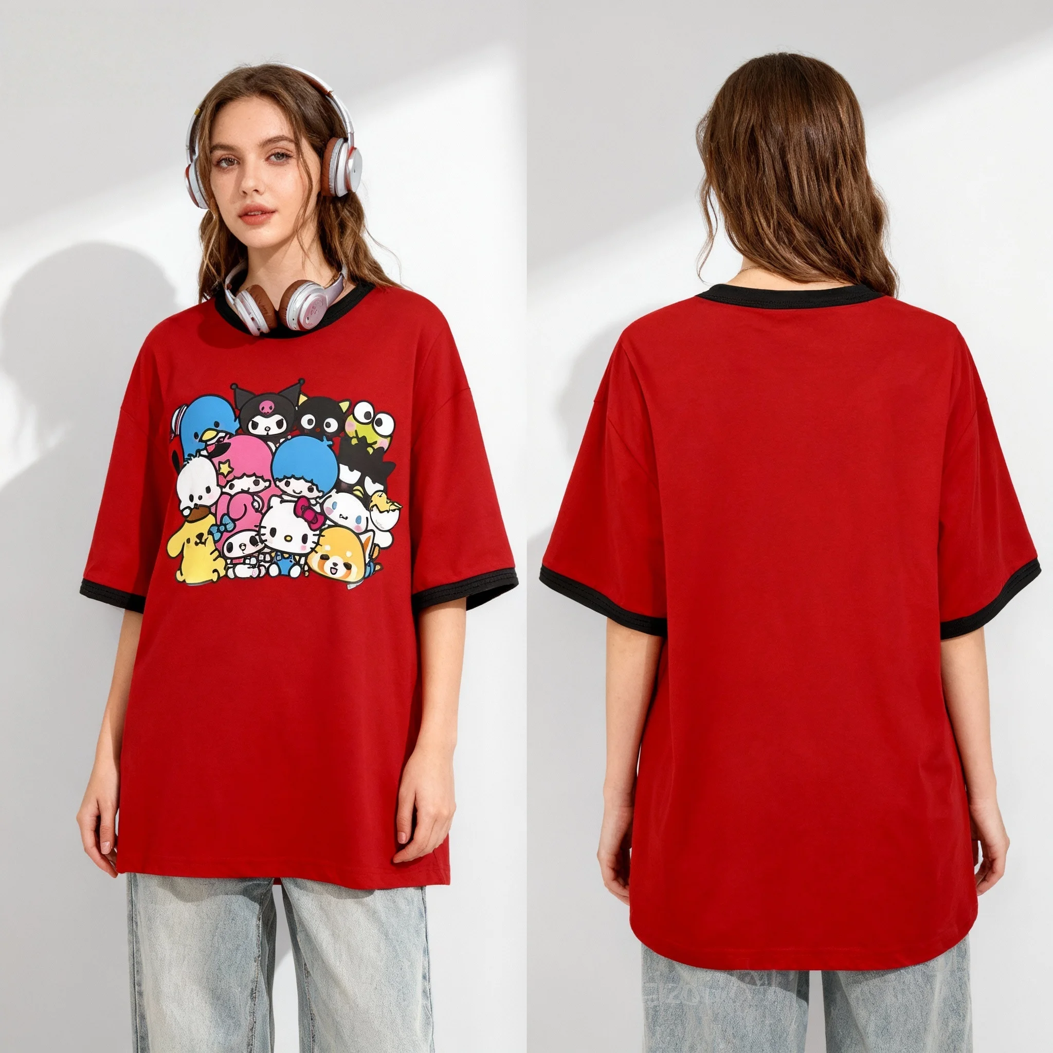 Sanrio Family Cartoon Character Series American Sportswear Süßes, cooles Sommer-T-Shirt, extra großes Damen- und Herren-Erwachsenen-Top