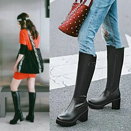 2024 Winter Platform Knee High Boots Women Fashion Round Toe Warm Long Boot Thick Heel Woman Shoes Large Size 43 Bottes Femmes