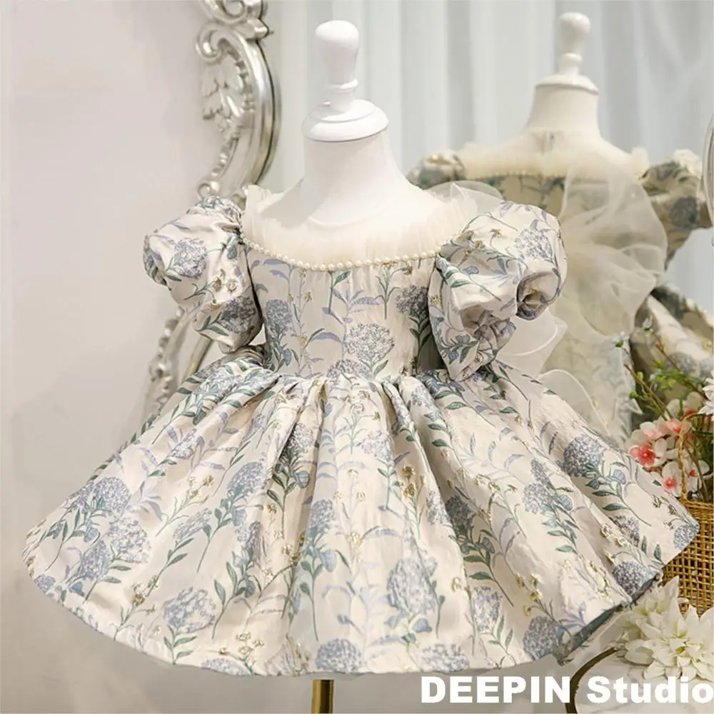 2023 New Spanish Retro Court Girls Dress Baby Bubble Sleeve Jacquard Princess Dress Baby  1st Birthday Party Baby Bow Tutu Dress