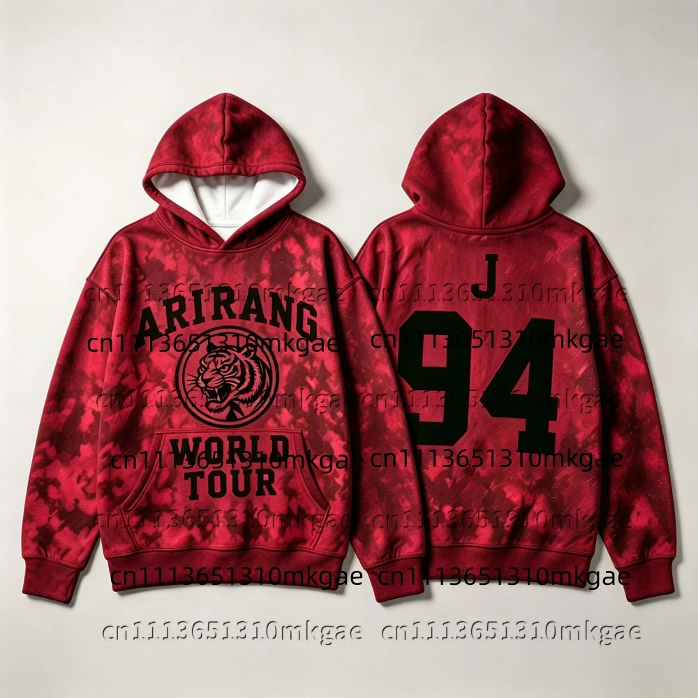 Kpop Arirang World Tour 95 Hooded sweatshirt Men Women Burgundy Tie Dye Up Long Sleeve Loose Concert Fans Kids Casual Tops