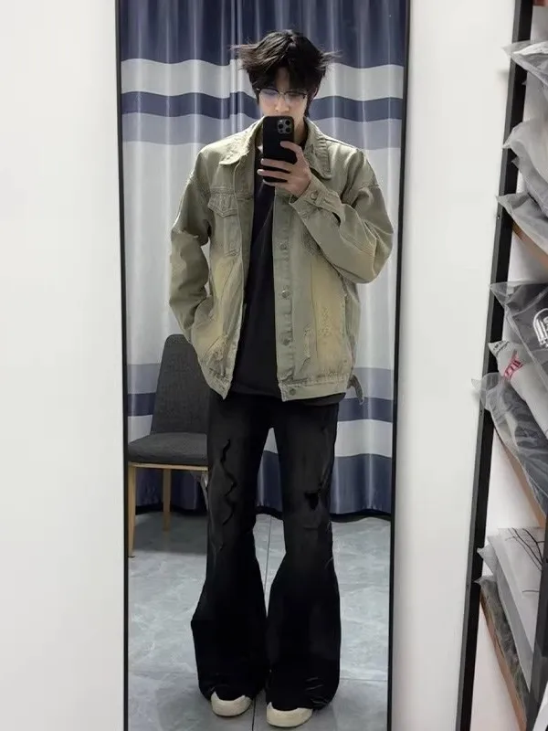 

Мужская джинсовая куртка в американском стиле, желтая, с пуговицами, с воротником, модная, в стиле хип-хоп, свободная, универсальная, рабочая одежда для молодежи