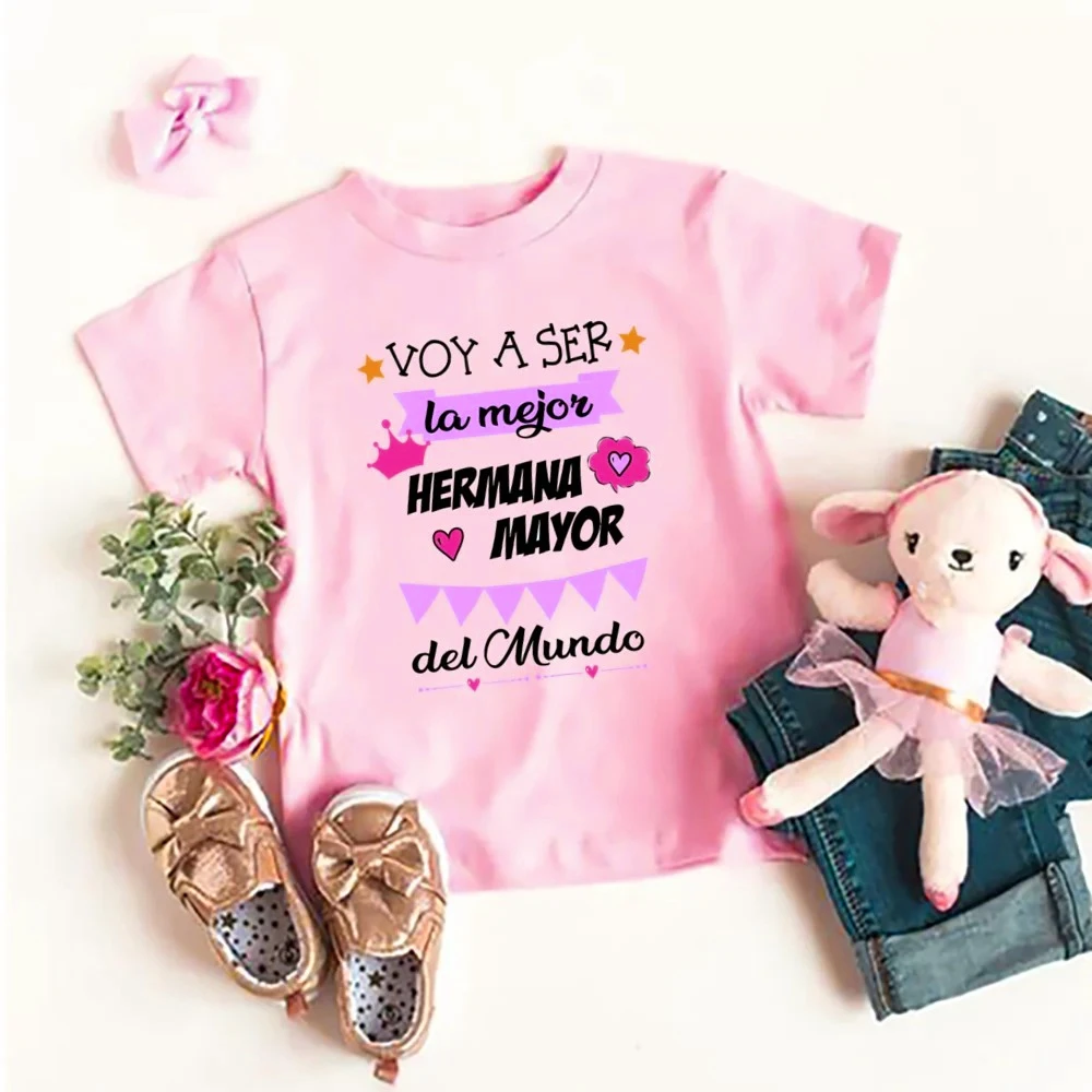I'm Going To Be The Best Big Sister in The World Printed Shirts Girls Short Sleeve T-shirt Big Sister Clothes Spanish Print Tee