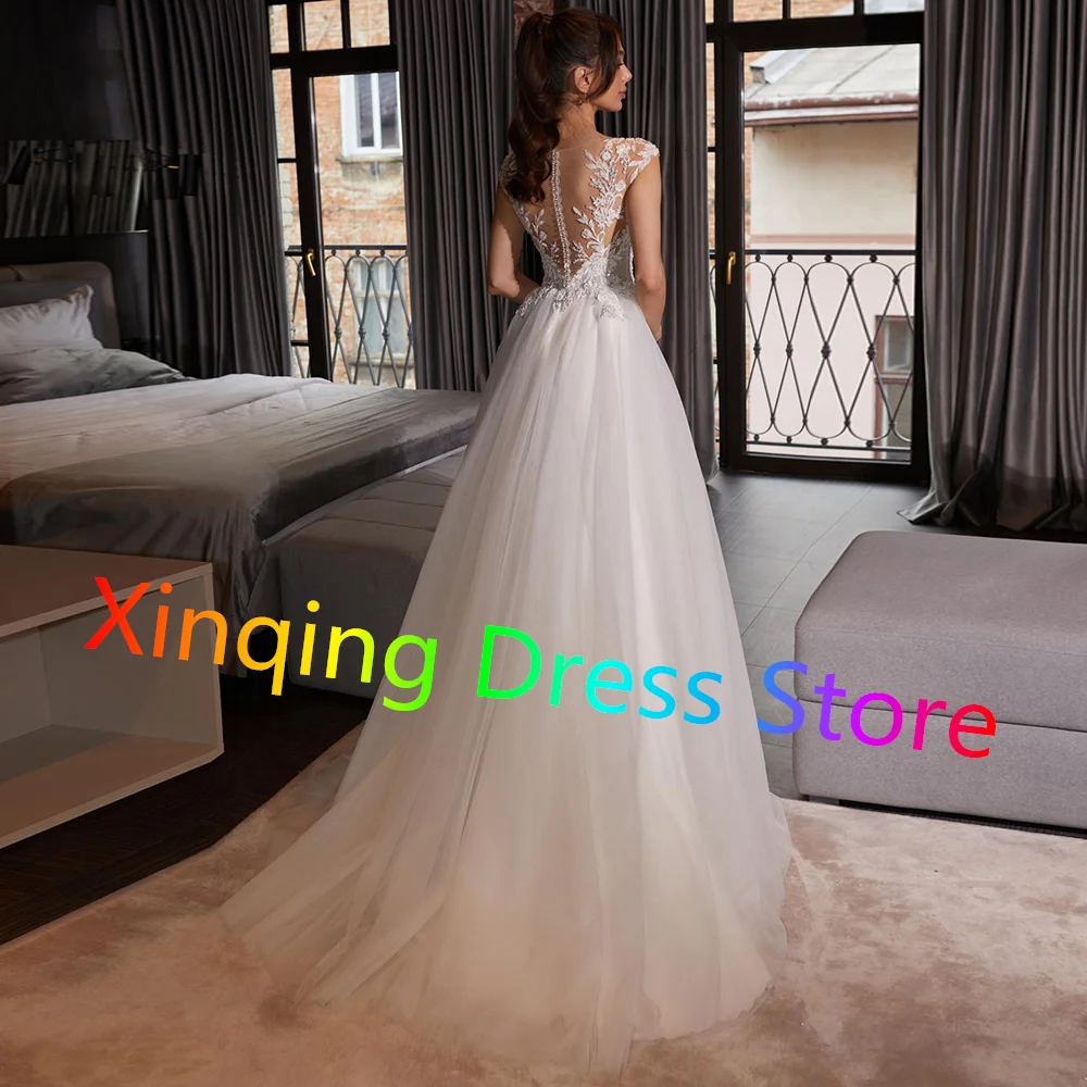 Simple Cap Sleeves Tulle Wedding Dress Elegant O-neck Appliques Lace Bridal Gowns High Quality A-line Vestido De Novia 2024