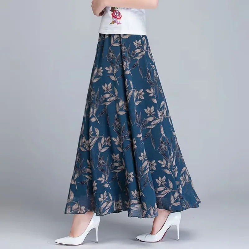Wysoka talia damska letnia jesienna spódnica szyfonowa w pasie Midi pełna długa spódnica drukuj linia A matka taniec spódnica typu swing DURIKIES