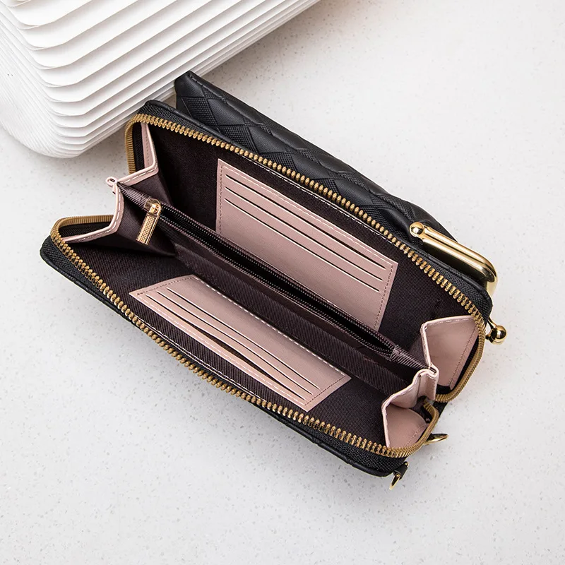 New Fashion Jane Beauty Diamond Embossed Vertical Double Clip Crossbody Coin Purse Shoulder Women\'s Mobile Phone Bag