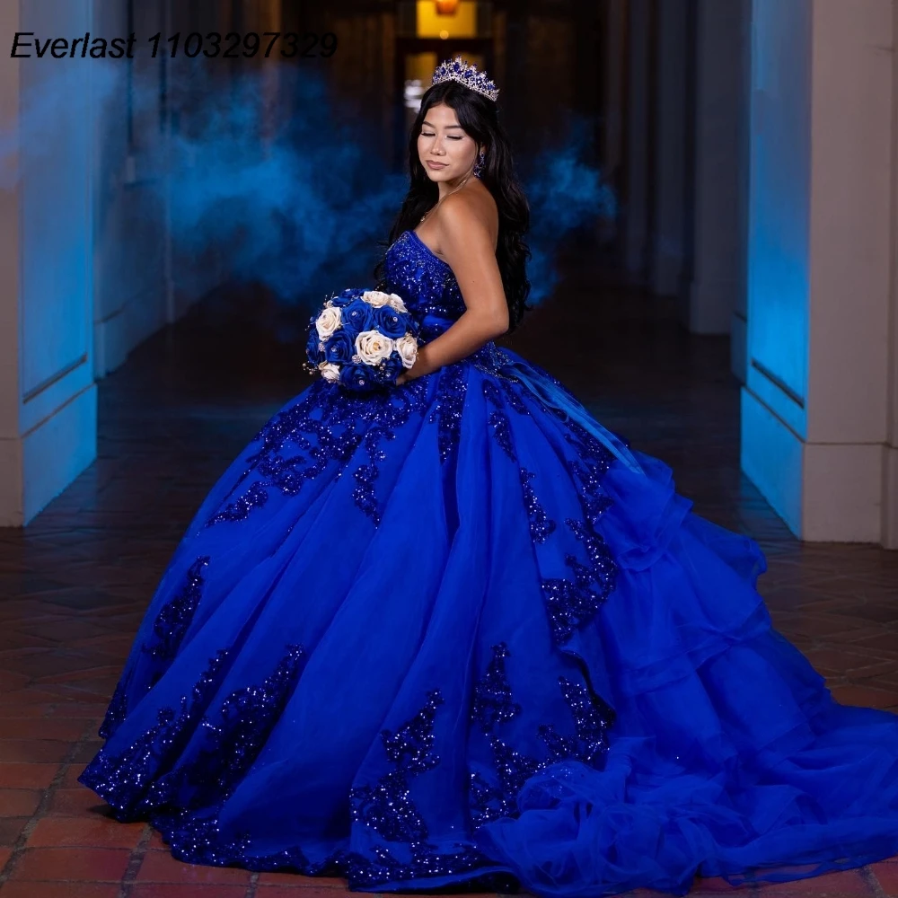 فستان Quinceanera الملكي الأزرق ، ثوب الكرة ، الترتر اللامع ، الديكور زين ، الحلو 16 ، QD1148 ، 15 سنة