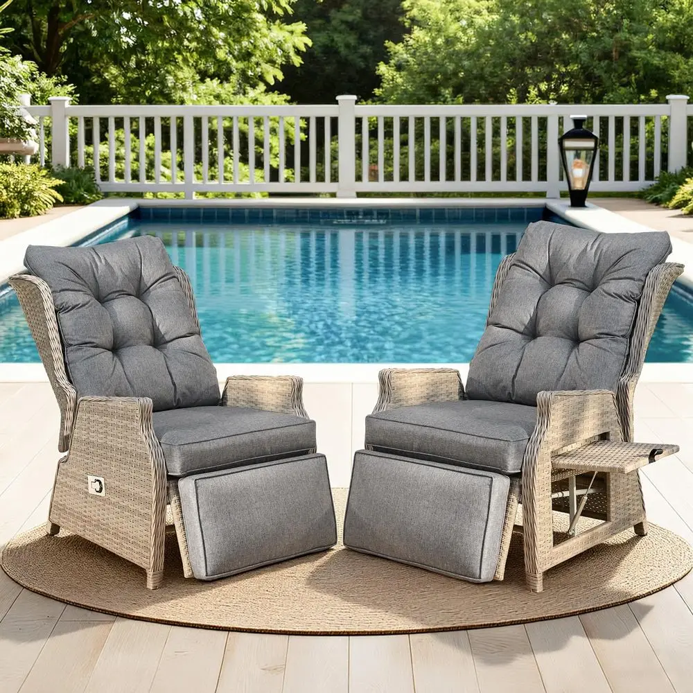 

Recliner with Adjustable Back and Footrest, Patio 150 Lay Flat Recliner with Flip Table Wicker Reclining Lounge Chair, Grey wit