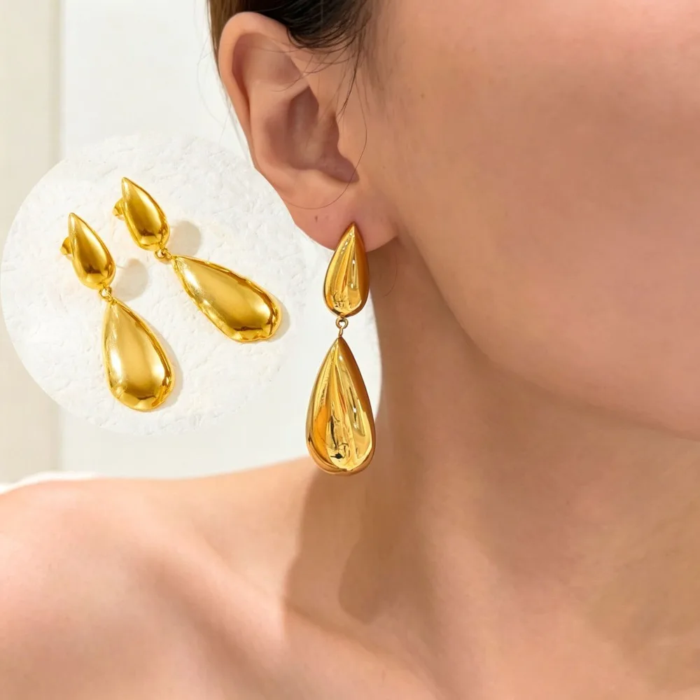 Minimalist Stainless Steel Double Teardrop Drop Earrings Gold Color Smooth Polished Water Shape Stud for Women Party Jewelry