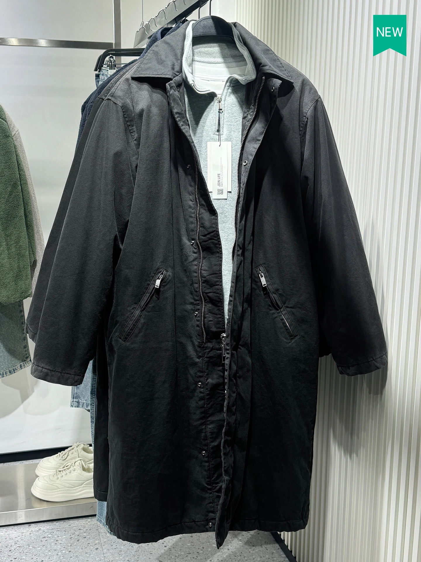 

Loose Fit Denim Jaet New Winter Men's Faion Ci Sle Long Coat Outerwear Waed Cotton 00% Zipper Closure Color