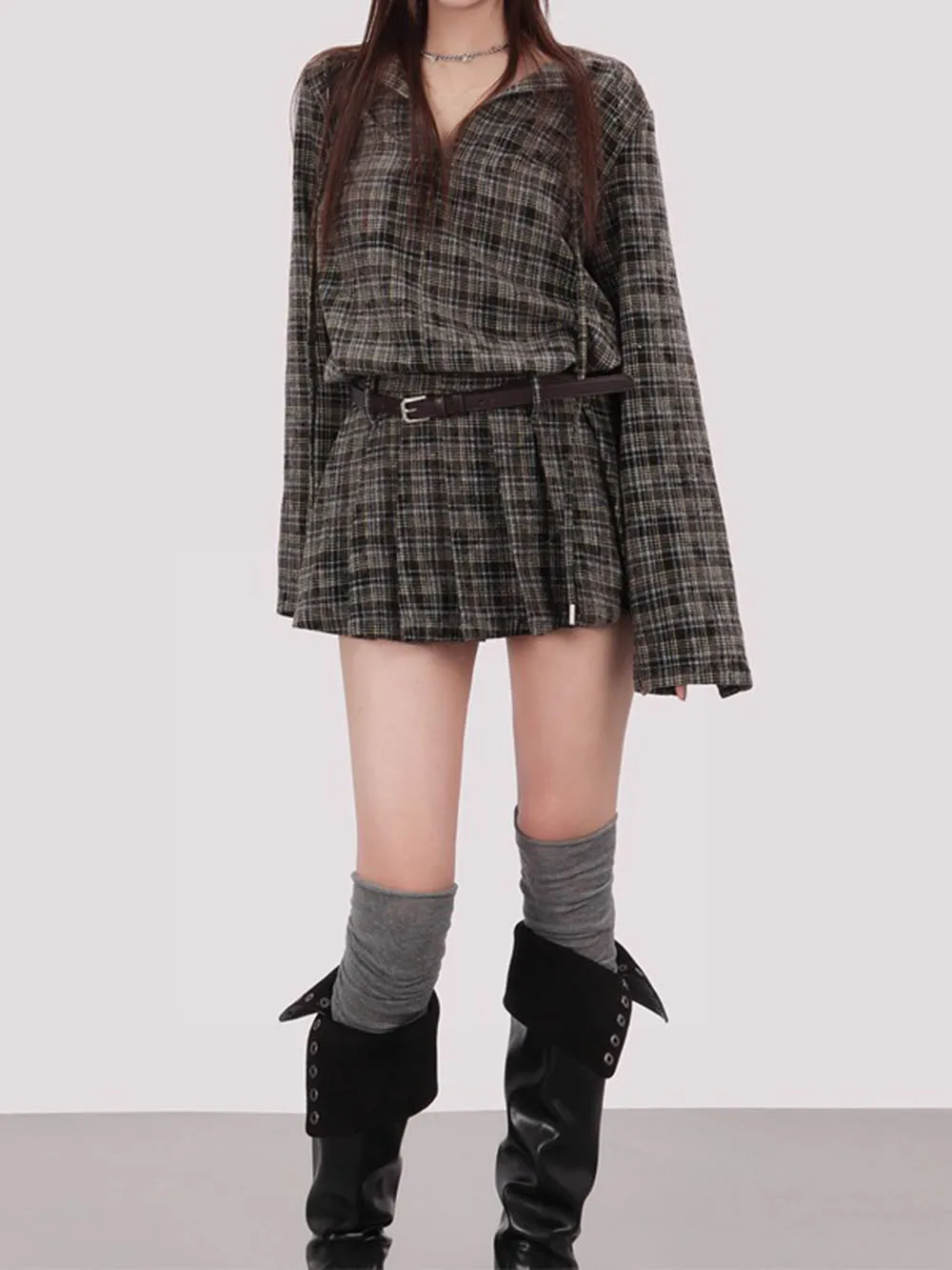 Women\'s 2000s Style Shirt Dress Spring Summer Grey Checkered Lapel Long Sleeve Pullover Cinched Waist Short Pleated Skirt