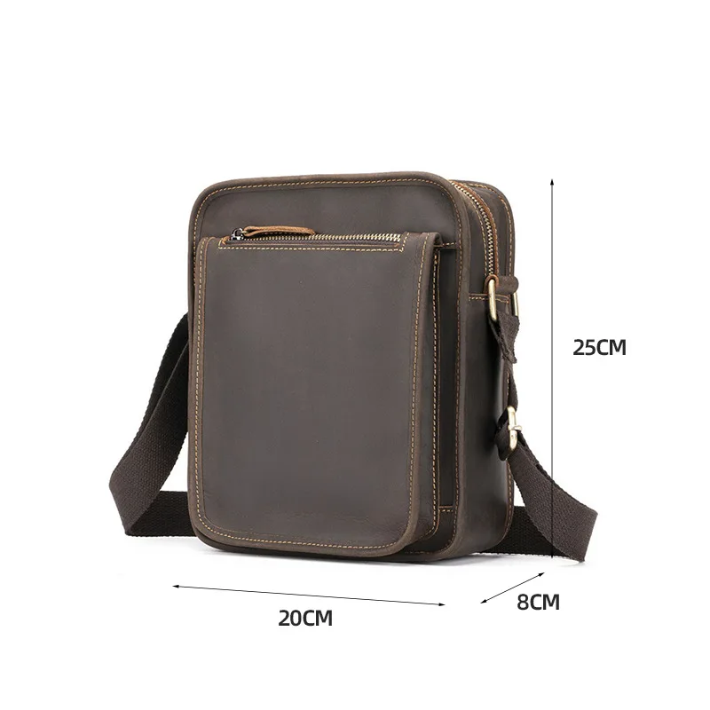 Men's vertical style crossbody bag, genuine leather casual men's bag, handcrafted wild horse leather, retro single shoulder bag