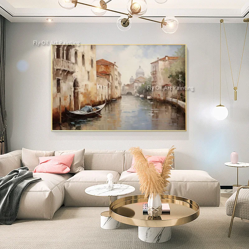 Small Boat Docked Hand Drawn Oil Paintings The City On Water Venetian Style City Landscape Artwork For Home Wall Decor Unframed