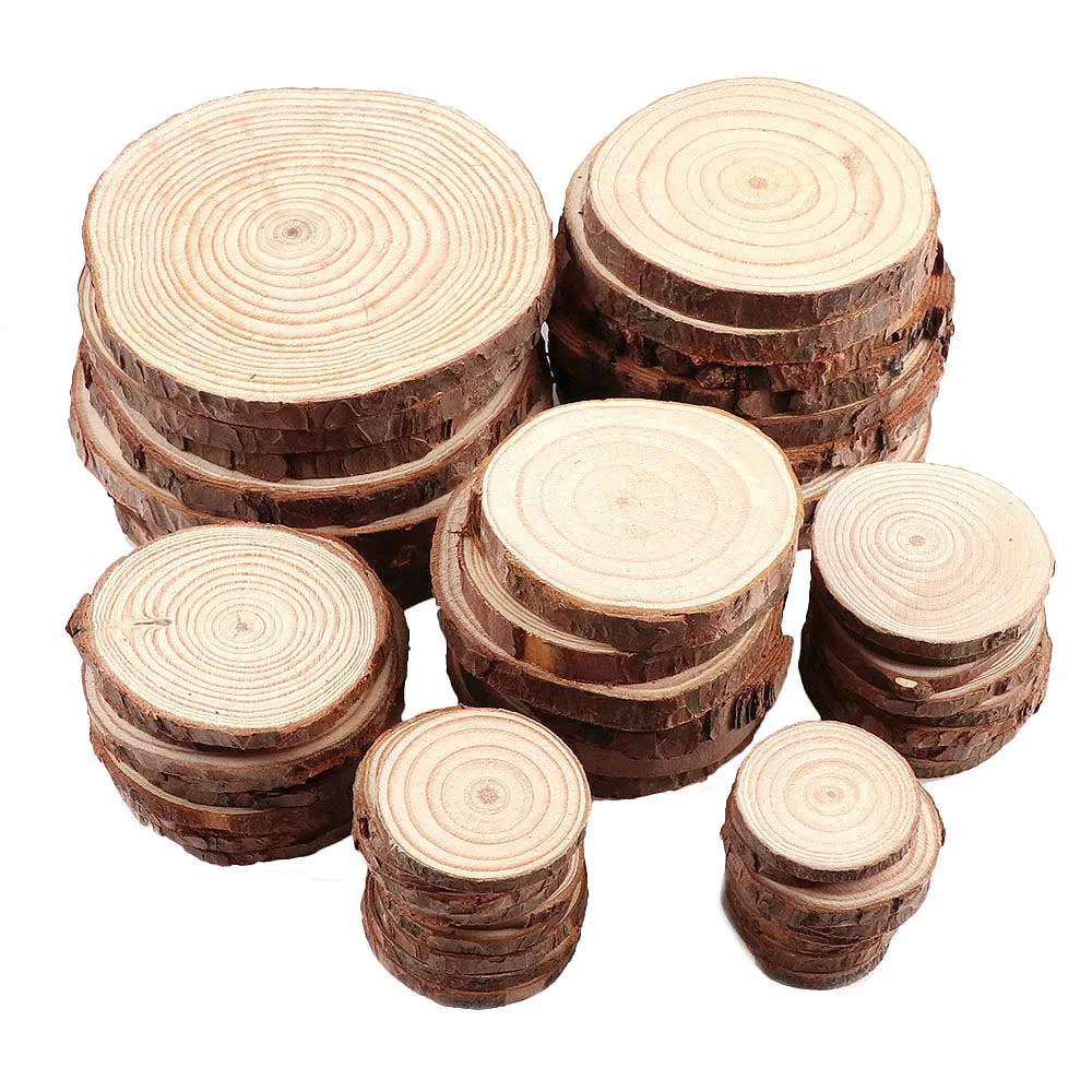 Rodajas de Madera Redondas de Pino Natural sin Acabado con Corteza, Discos de Tronco para Manualidades, Bodas, Fiestas y Pintura