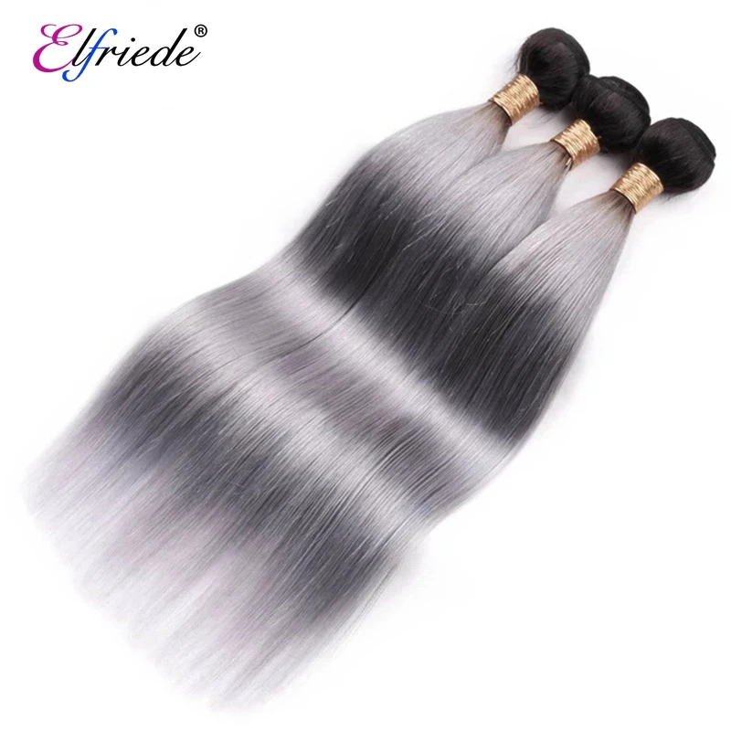 Elfriede #T1B/Grey Straight Ombre Colored Hair Bundles with Closure 100% Remy Human Hair Wefts 3 Bundles with Lace Closure 4x4