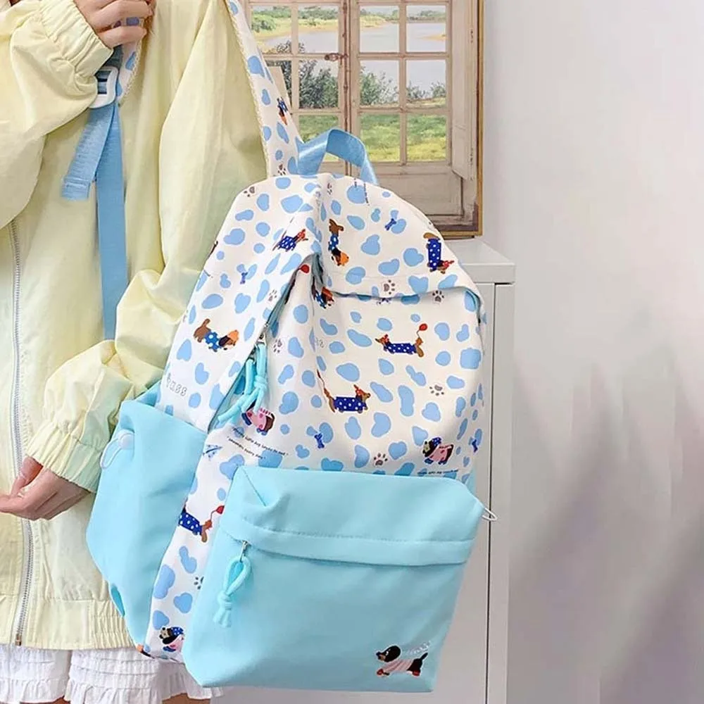 Daypack Nylon Dachshund Backpack Contrast Color Casual Students School Bag Fixed Webbing Durable Large Capacity Backpack