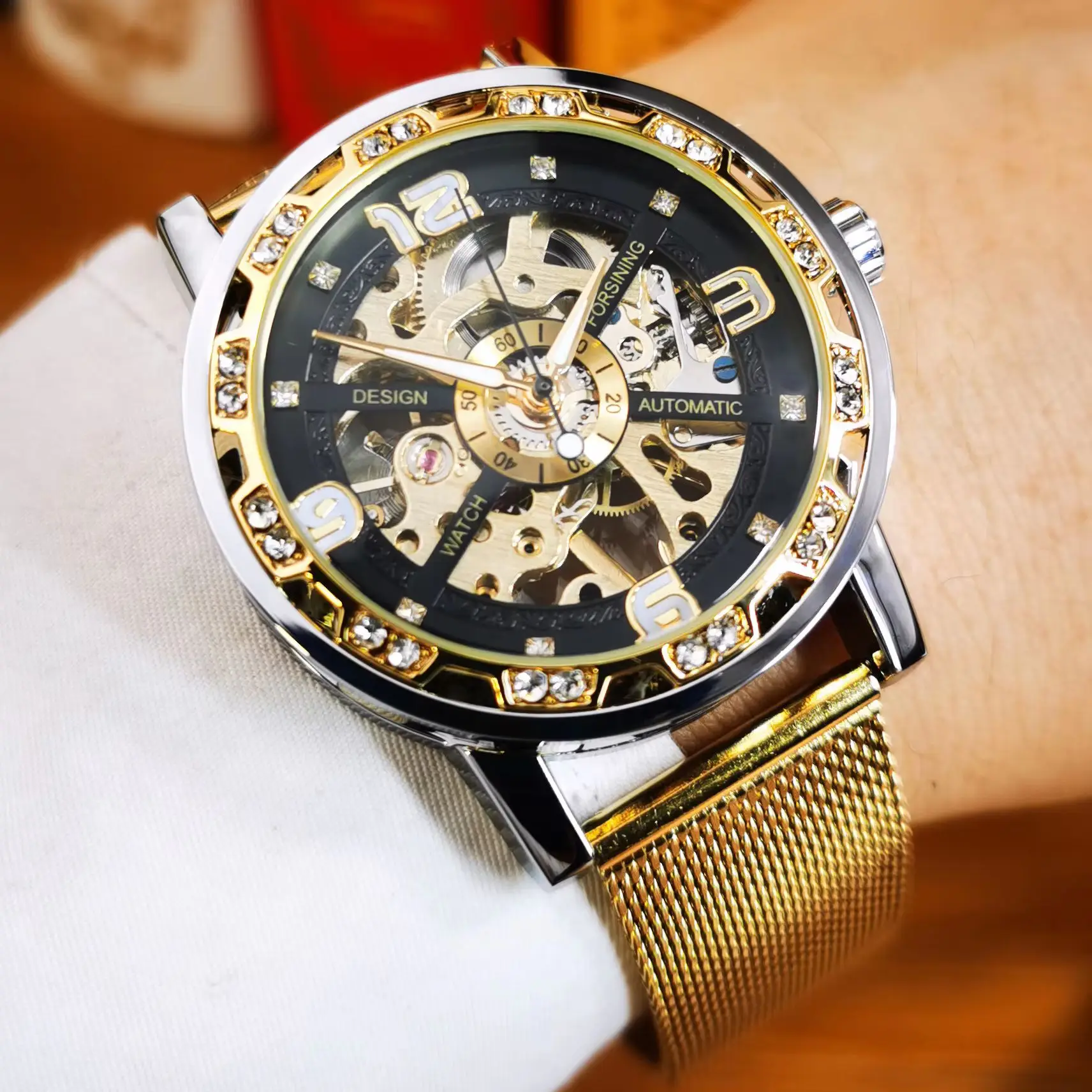 

Forsining Retro Gold Skeleton Mechanical Watch for Men Luminous Hands Stainless Steel Strap Luxury Brand Business Mens Watches