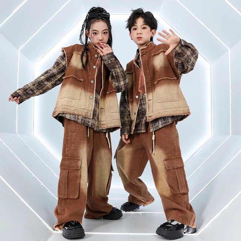 Street Dance Children's Fashion Hip-hop Loose Performance Costume Long Sleeve Shirt Vest Jeans Boy Girl Outfit Wear DQL10075