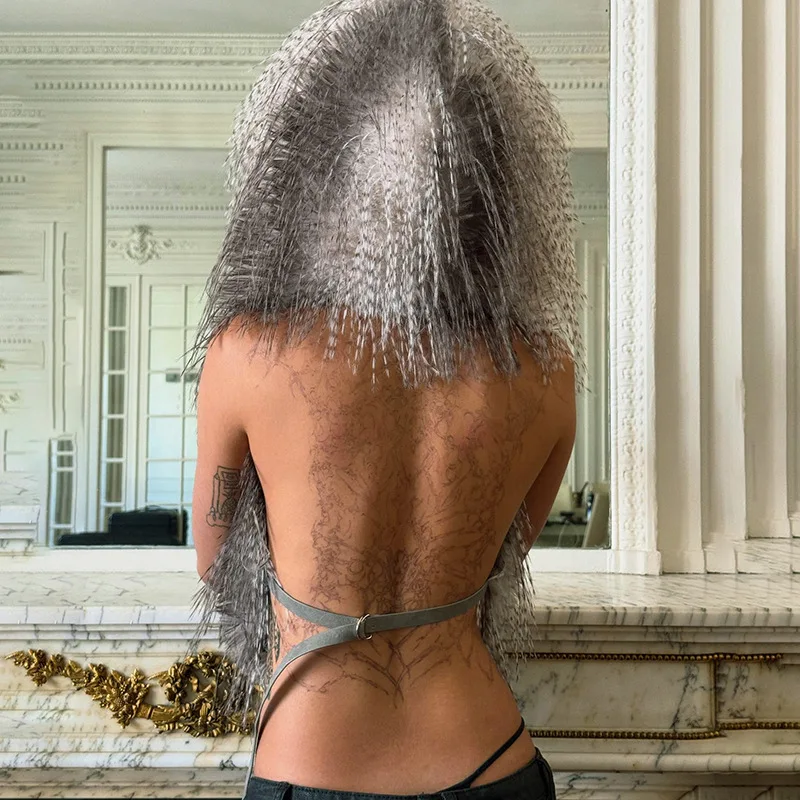 

Combhasaki женский сексуальный жилет с глубоким v-образным вырезом, летний жилет без рукавов Y2k, кожаный пояс с открытой спиной, вечерние пушистые топы на бретелях с капюшоном