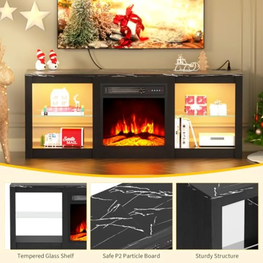 حامل تلفزيون مدفأة كهربائية مقاس 58 بوصة لأجهزة تلفزيون 65 بوصة مركز ترفيه حديث مع مدفأة كهربائية مدمجة مقاس 18 بوصة ومدفأة LED