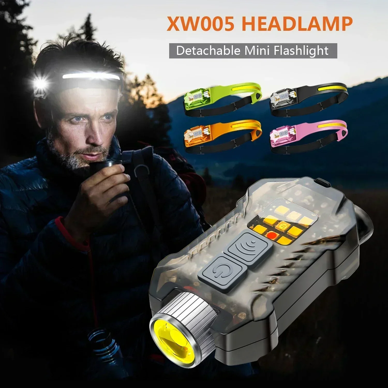 XW005 LED Portable Headlamp USB Rechargeable Camping Torch with UV Light Tail Magnet Lamp Built in Battery Waterproof Lantern