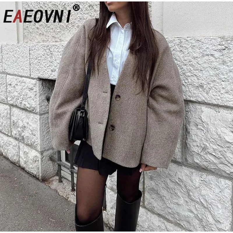 

EAEOVNI осенне-зимняя новая женская куртка с v-образным вырезом, свободная однотонная верхняя одежда на пуговицах с длинными рукавами, пальто, уличная одежда