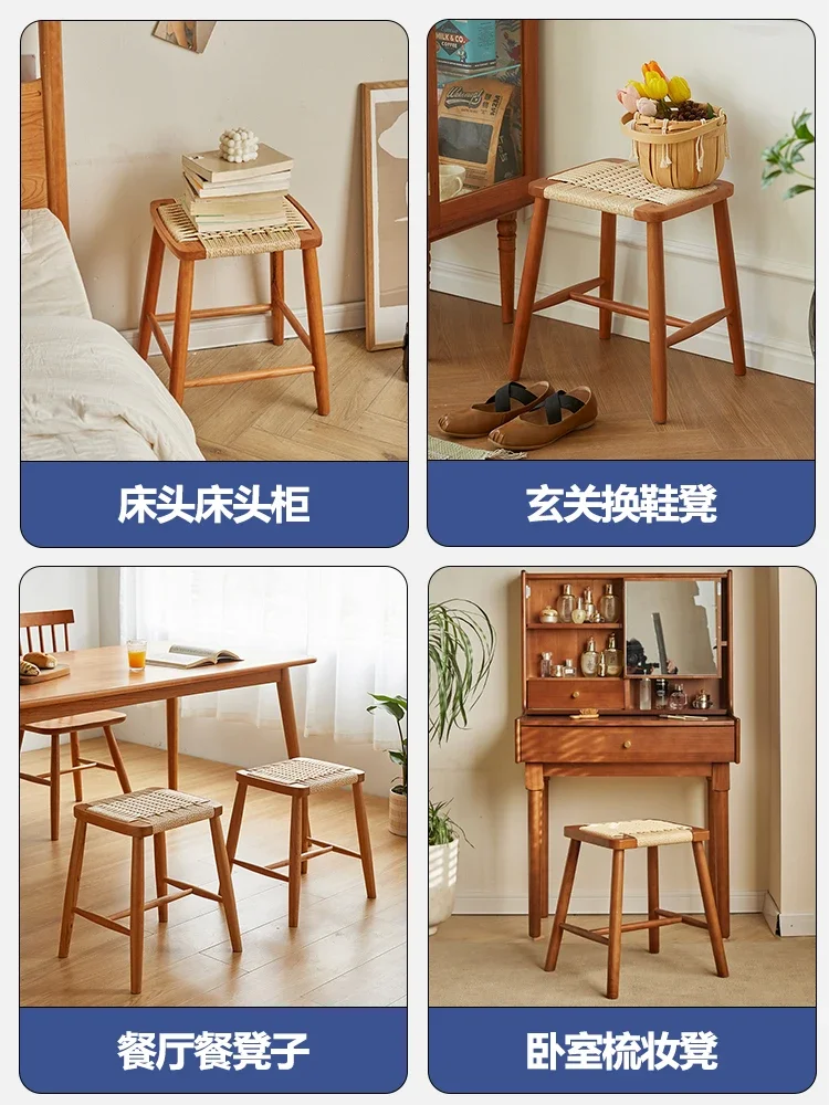 Japanese style cherry solid wood rattan woven square stool for household shoe changing, bedroom, desk, dressing table, woven bar