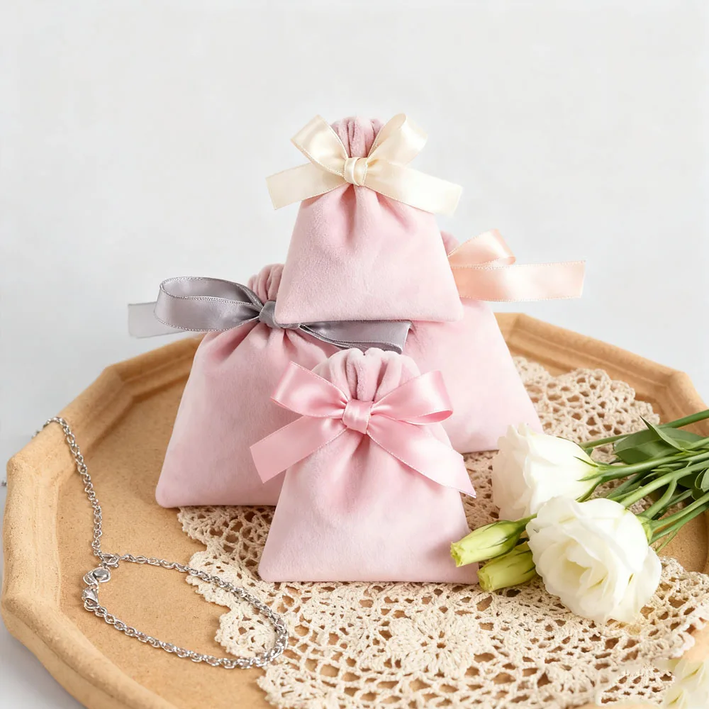

10 шт. розовые бархатные сумки для ювелирных изделий, сумки с лентой и бантом, подарочная упаковка для хранения, свадебные сувениры, дорожный карман на шнурке для конфет