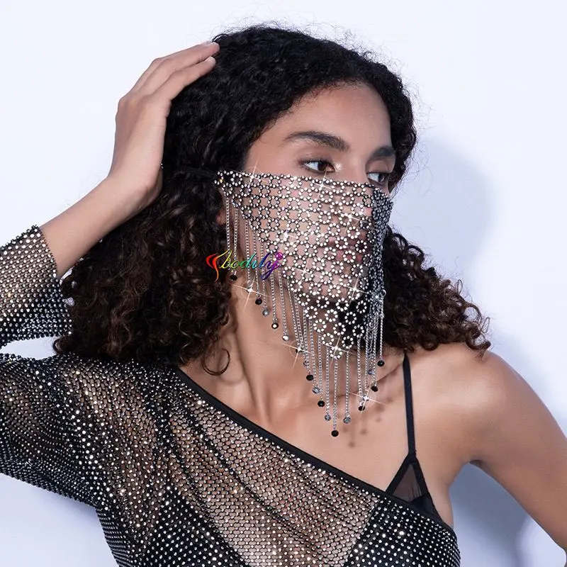 Strass scintillants femmes masque facial cristal maille gland mascarade masque métal prune Bossom Halloween Rave fête d'anniversaire bal Bar