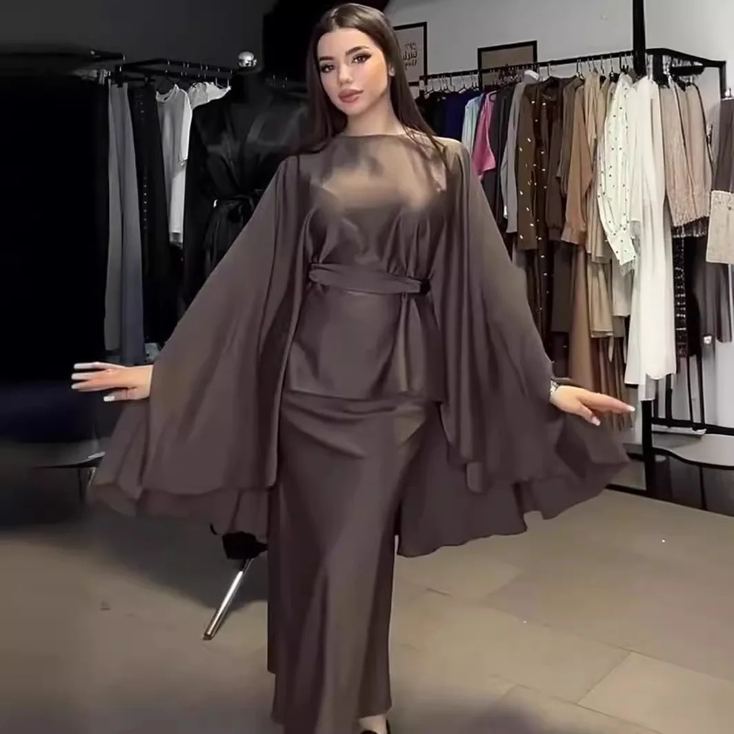 2024 European and American Spring and Autumn New Style Round Neck Long Sleeve Dress Bat Sleeve Tie Waist Drape Satin Cover