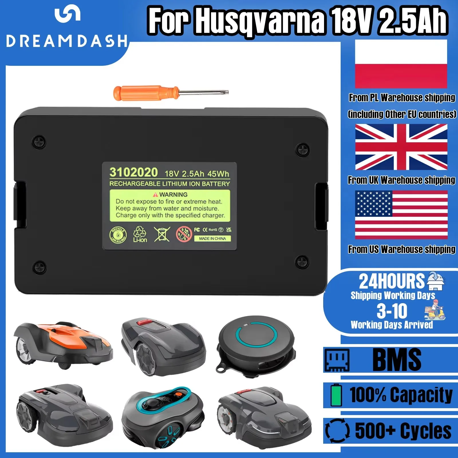 

Dreamdash 18V 2.5Ah Li-ion Replacement Battery For Husqvarna Automower 115H/305/310/520 For Gardena Sileno Lawn Mower Robot