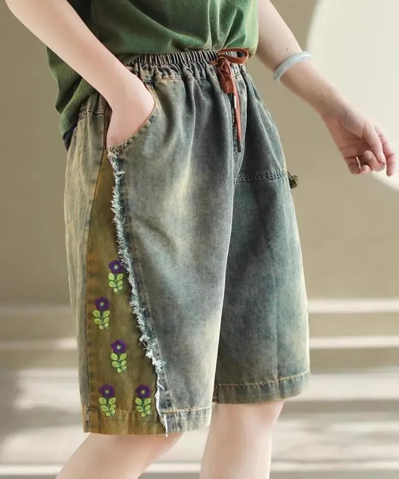 2026 Summer Embroidery Denim Short Pants Womens Loose Casual Chinese Jeans Ladies Classic Vintage Harem Trousers
