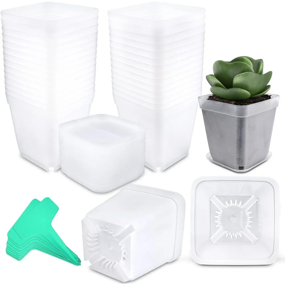 

Square Nursery Pots Plastic 28 pcs 3 inches with Saucers and Plant Labels Reusable Seedling Pots Frosted Starter Plant Pots Mini