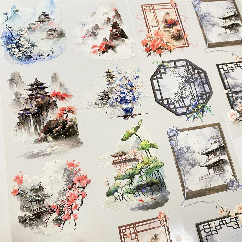 Chinese Style Li Fugui Window Lattice Mountain Pavilion PET Ancient Washi Tape for Journal Shaker DIY Sticker Card Making