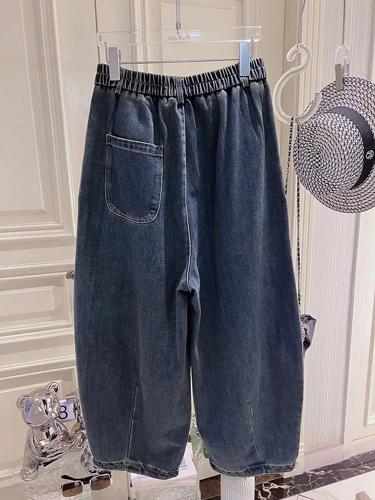 Plus size 5xl 140kg verão outono tornozelo comprimento calças elásticas wasit perna larga jeans para mulher tamanho grande jeans de grandes dimensões