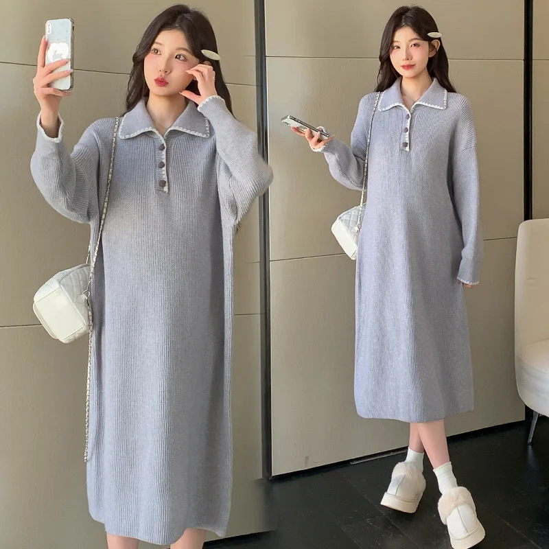 Maternity Dress 2025 Autumn Winter New Arrival Korean Style Minimalist Lazy Style Versatile Cute Doll Collar Knitted Dress