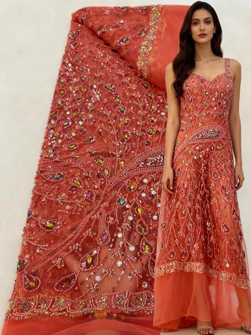 

Новое поступление, африканская кружевная ткань с большими камнями, 2024, высокое качество, нигерийская роскошная сетчатая кружевная ткань с блестками для свадебного шитья платья