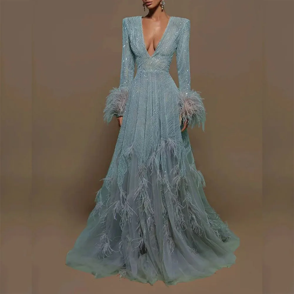 Chic Feathers V-Neck Evening Dresses Elegant Women Long Sleeve Chapel Train Special Event Gowns Customized Luxury Prom Dress