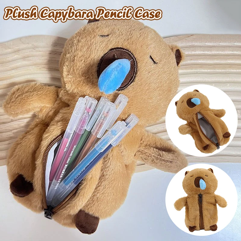 Cute Large Capacity Capybara Pencil Bag Plush Animal Doll Zip Clutch Stationery Storage Bag Children's School Supplies