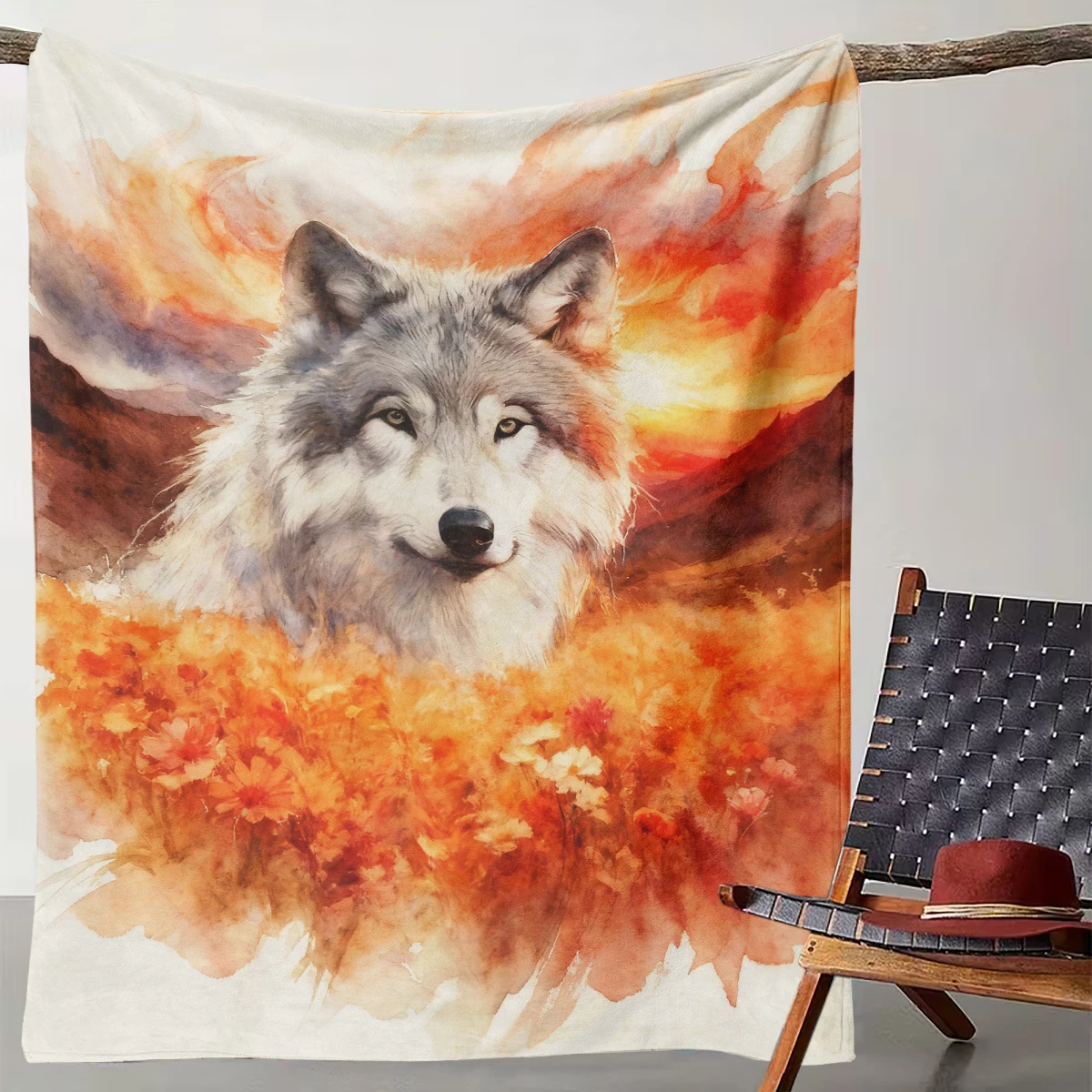

1 Watercolor Sunset Wolf Flower Sea Blanket Natural Wild Animal Flannel Blanket
