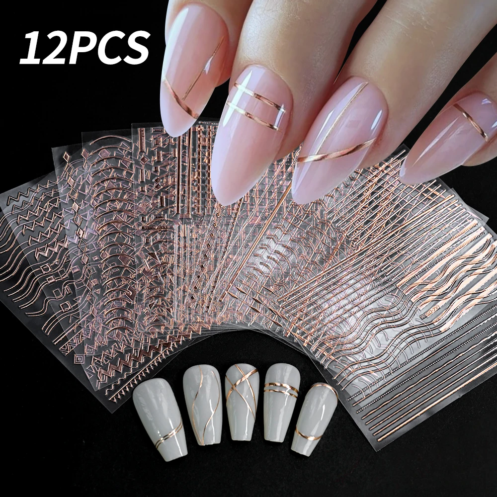 12Pcs 3D Rose Gold French Lines Nail Art Stickers Metal Curve/Stripe/Wave/Geometry Self-Adhesive Decals DIY Manicure Decoration