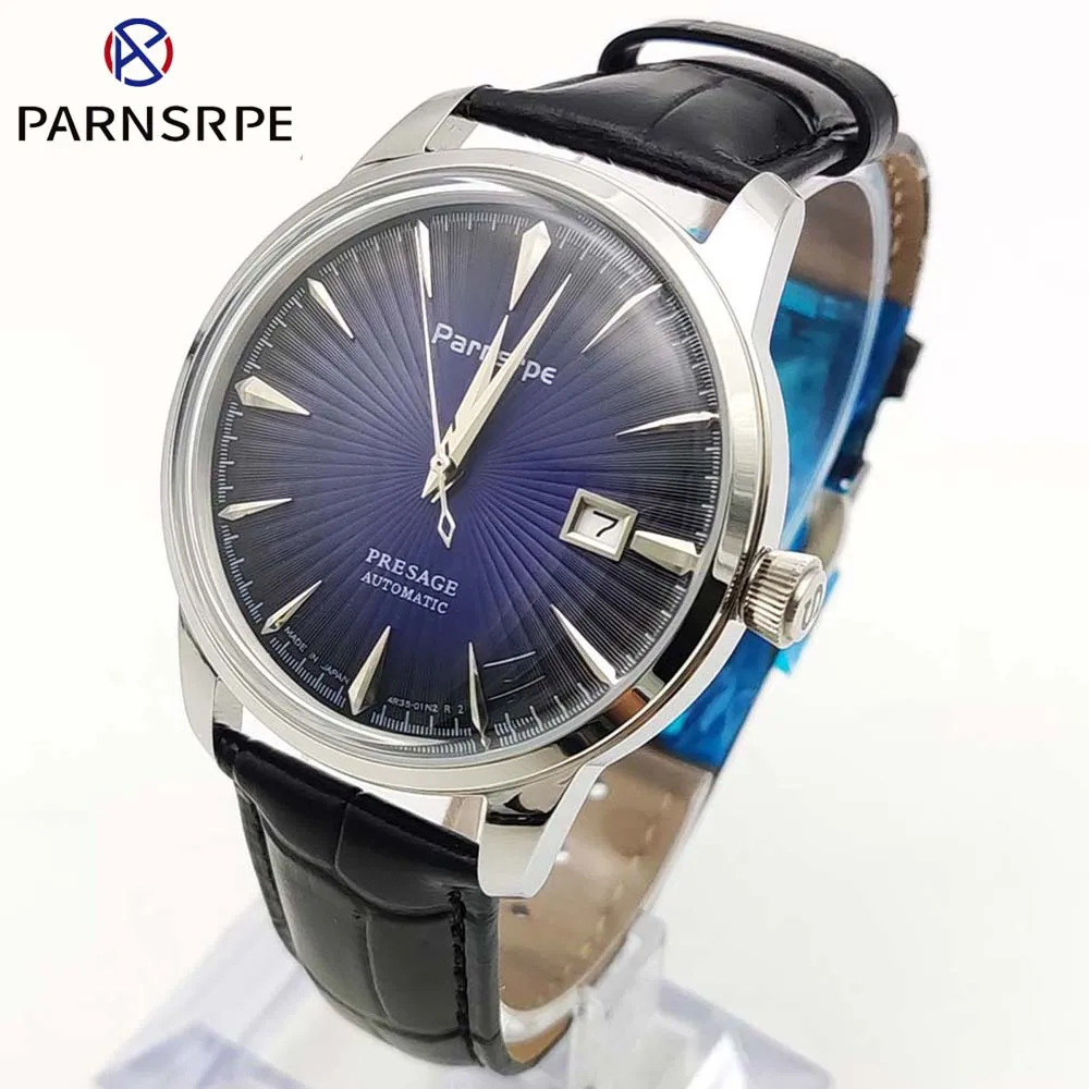 Parnsrpe Men's Vintage Watch Round case Scalloped aseptic dial High quality black leather strap NH35 movement Men's Watch