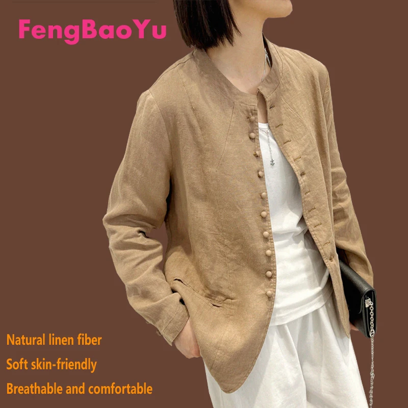 High-end Linen Ladies Stand Collar Long Sleeve Shirt Chinese Style Elegant Khaki Outdoor Casual Jacket Comfortable Breathable