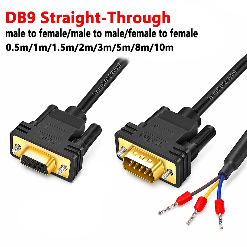 DB9 Straight-Through Serial Cable, 0.5/1/3/5/10 meters, 9-pin to 3-pin, Gold-Plated Plugs, Nickel-Plated Data Cable
