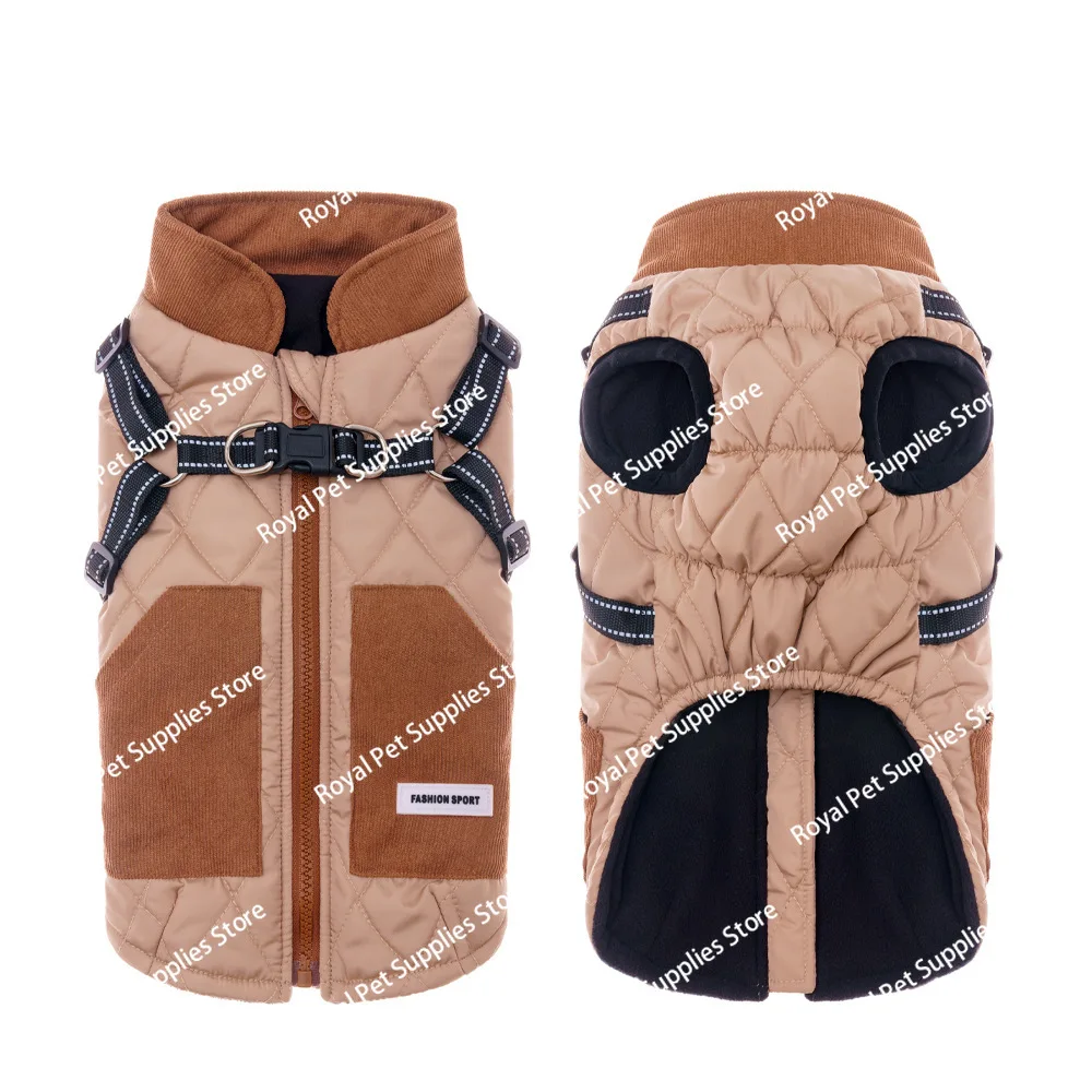 Dog cotton clothes open-back warm and thickened can be towed in winter outdoor dog walking pet clothes puppy traction